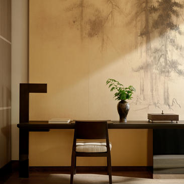 Premier Suite sitting area at Aman New York, with sculptural black furniture and potted plant casting shadows on warm wall.