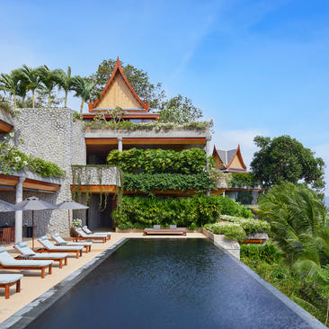 Villa 47 six-bedroom ocean villa with infinity pool overlooking tropical gardens and Thai architecture at Amanpuri resort, Thailand.