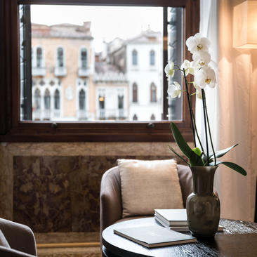 Palazzo Stanza room detail at Aman Venice hotel, showing white orchids in a vase by a window overlooking the Grand Canal.