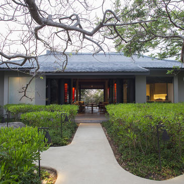 Amanoi entrance with concrete pathway lined by manicured green hedges and bare tree branches overhead.