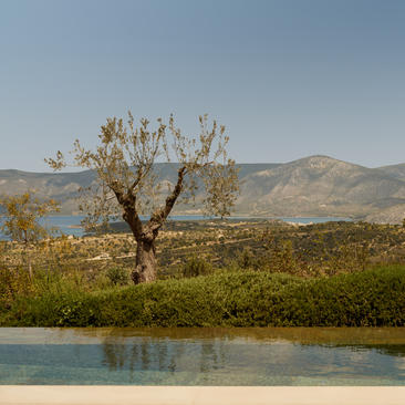 安缦卓熠度假村的水畔池馆，背景为山丘风景和古老橄榄树。