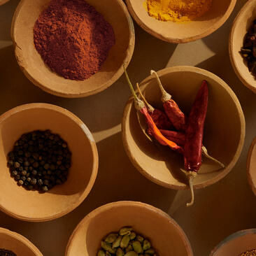 Bowls of Indian spices including chilli, turmeric and peppercorns at Amanbagh.