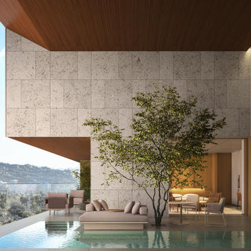 Principal bedroom at Aman Residences, Beverly Hills, with floor-to-ceiling windows overlooking the city below.