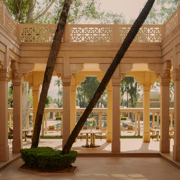 Amanbagh's main restaurant exterior with carved stone facade and tree trunk detail.