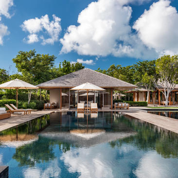 Amanyara's five-bedroom villa with reflecting pool and covered pavilions overlooking tropical gardens, Turks and Caicos.
