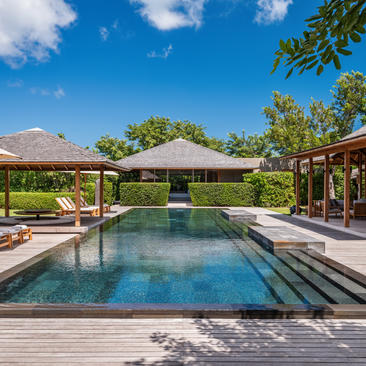 Six-bedroom beach villa with swimming pool and covered pavilions at Amanyara, Turks and Caicos.