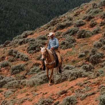 Rider on horseback traversing a sagebrush-covered hillside at Amangani, Jackson Hole.