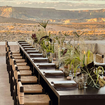 安缦奇岭度假村沙漠休闲区，长桌俯瞰远处山景，点缀着沙漠植物。