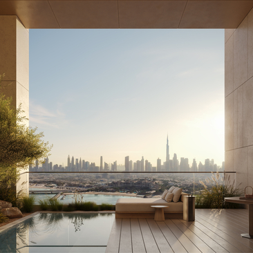 External terrace at Aman Dubai with plunge pool overlooking the city skyline at dusk.