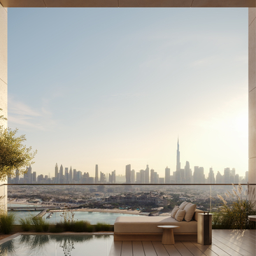 External terrace at Aman Dubai overlooking the city skyline and water feature.