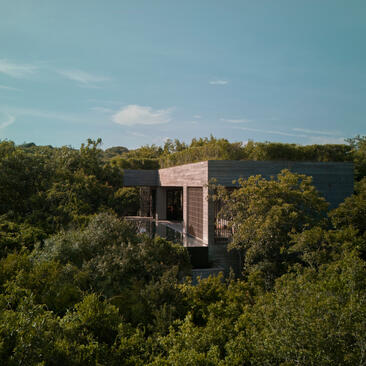 Aerial view of a forest wellness pool villa at Amanoi, surrounded by dense Vietnamese woodland and water.