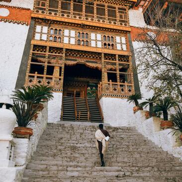 Stone steps leading to a traditional timber-fronted building at Amankora in Punakha, Bhutan.