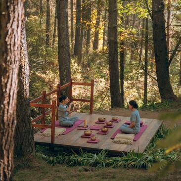 Sound bath session among tall trees at Amankora's Thimphu lodge.