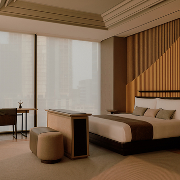 Principal bedroom at Aman Nai Lert Bangkok with warm wood panelling, platform bed, and floor-to-ceiling window screens.