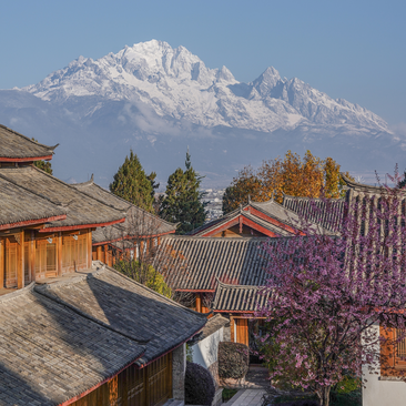 Snow-capped mountain rising beyond traditional wooden buildings and flowering trees at Amandayan resort.