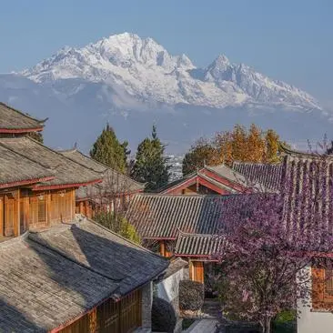 Snow-capped mountain rising beyond traditional wooden buildings and flowering trees at Amandayan resort.