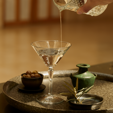 Cocktail being poured into a martini glass at Amanzoe resort bar, Greece.