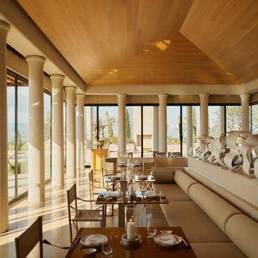 Nama dining venue at Amanzoe resort, with wooden interiors, floor-to-ceiling windows overlooking the Aegean Sea, and minimalist table settings.