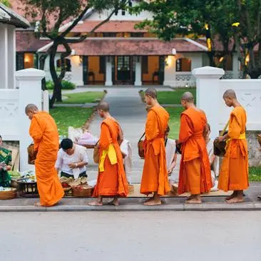 Buddhist monks in saffron robes receiving alms offerings on a street at Amantaka, Laos.