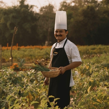 Chef standing in organic farm field at Aman-i-Khas, India.