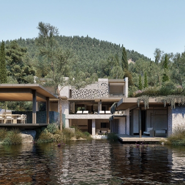 アマンゾイのラグーンに浮かぶ木造の宿泊施設と桟橋、背後に緑の丘陵がある風景。