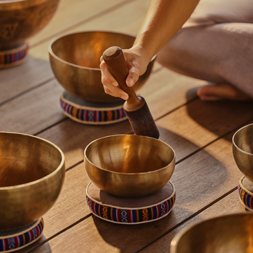 Sound healing meditation bowls arranged at Amanoi spa and wellness centre in Vietnam.