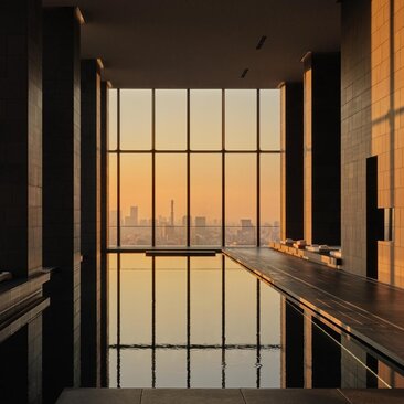 Aman Tokyo hotel spa pool with grid-lined windows overlooking city at dusk.