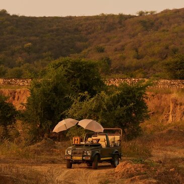 Safari vehicle beneath canvas canopy at Aman-i-Khas, India, with arid landscape beyond.