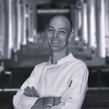 Chef Ray at Amanoi, black and white portrait photograph.