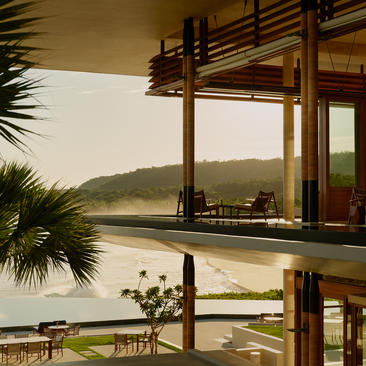 Amanera lounge bar overlooking a lagoon at dusk, with wooden beams framing the view towards forested hills.