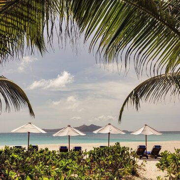 Picnic Grove at Amanpulo with beach umbrellas, palm fronds, and turquoise waters of the Philippine archipelago beyond.