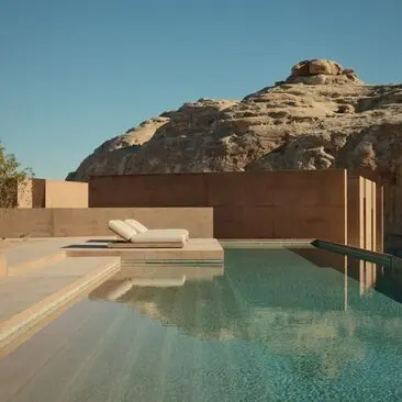 Six-bedroom villa with plunge pool overlooking desert rock formation at Amangiri, Utah.