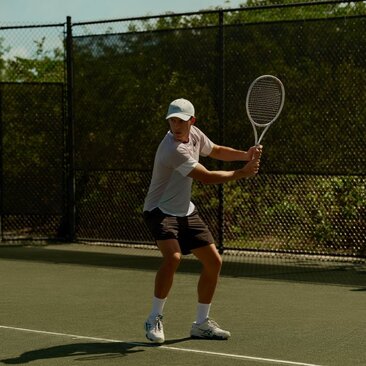 Guest playing tennis at Amanyara's court in Turks and Caicos.
