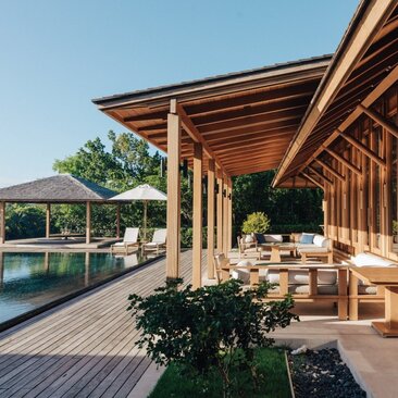 Wooden pavilion with plunge pool overlooking tropical gardens at Amanyara, Turks and Caicos.