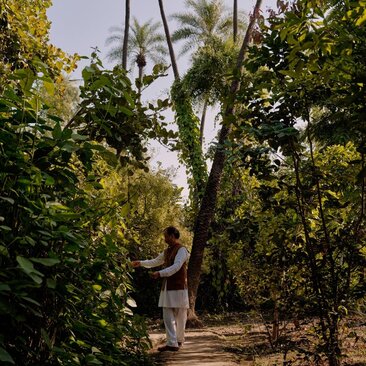Ayurvedic doctor consulting with a guest along a tree-lined pathway at Amanbagh, India.