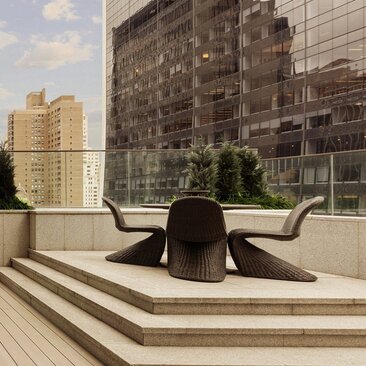 Two-bedroom home with pool at Aman New York, featuring rooftop terrace overlooking Manhattan skyline.
