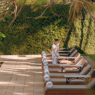 Overhead view of sunloungers by the poolside at Amangalla, Sri Lanka, with ivy-covered walls.