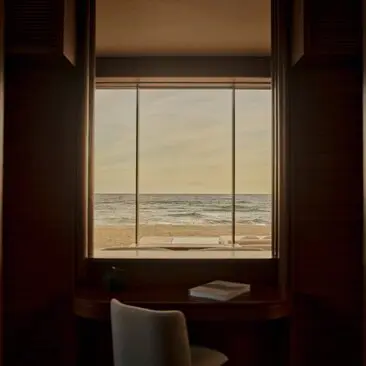 Beachfront casita desk with ocean view at Amanvari resort, Mexico.