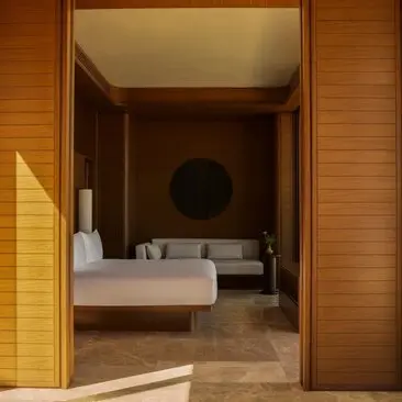 Estuary Casita bathroom with double vanity and soaking tub at Amanvari resort, Mexico.