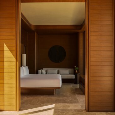 Estuary Casita bathroom at Amanvari, Mexico, with dual sinks and wooden finishes.