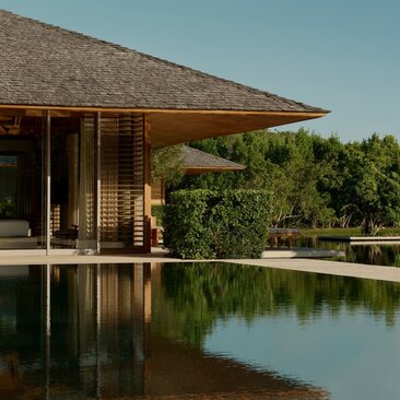 Villa with infinity pool overlooking tropical landscape at Amanyara, Turks and Caicos.