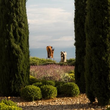 Figures walking through lavender fields at Amanzoe, Greece, framed by cypress trees.