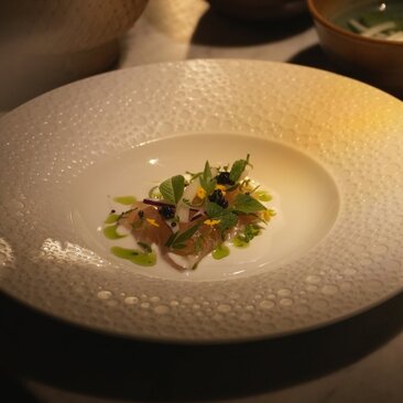 Chef's table dish at Amanjiwo: delicate protein with fresh herbs on white plate.