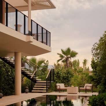Casita exterior at Amanvari with contemporary architecture, private pool, and tropical garden views in Mexico.