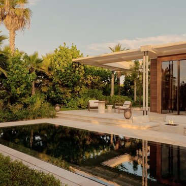 Estuary Casita private pool reflecting desert mountains at Amanvari, Mexico.