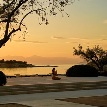 Sunset view across the Aegean Sea at Amanzoe, with silhouetted trees framing the golden horizon.