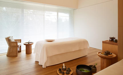 Serene spa treatment room at Amanemu resort with a draped massage bed and natural light from floor-to-ceiling windows.