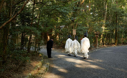 Guests walking along a tree-lined pathway at Amanemu resort.