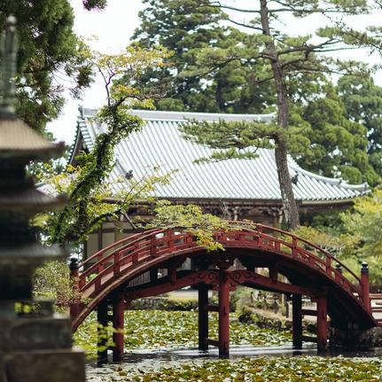 Red wooden bridge at Amanemu framed by lush greenery and traditional architecture beyond.
