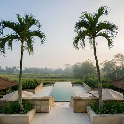 Symmetrical view down a stone pathway with twin palm trees flanking a reflection pool at Amanjiwo, misty landscape beyond.